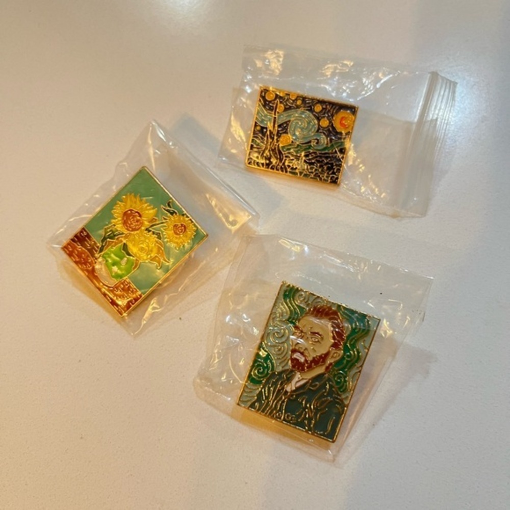 Van Gogh Themed Metal‎ Pins Set (3) - Sunflowers, Starry Night, Self-Portrait